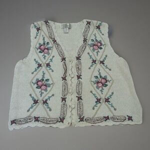VTG  Floral Knit Embroidered Cardigan Sweater Vest Boho Cottagecore grandma